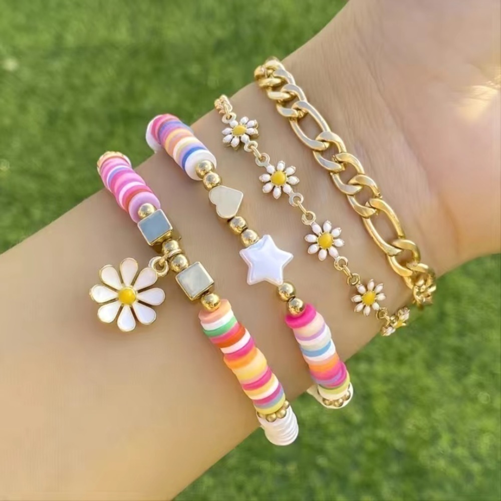 NEW Daisy Flower Pendant Colorful Clay Bead Gold Chain Stack Bracelet